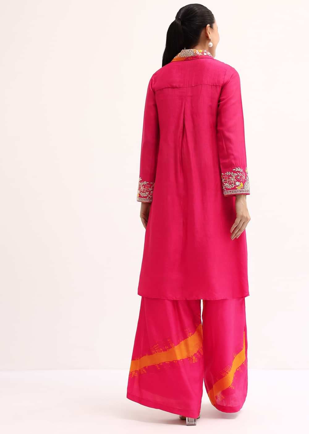 Dark Pink Printed Tussar Crop Top And Palazzo Set