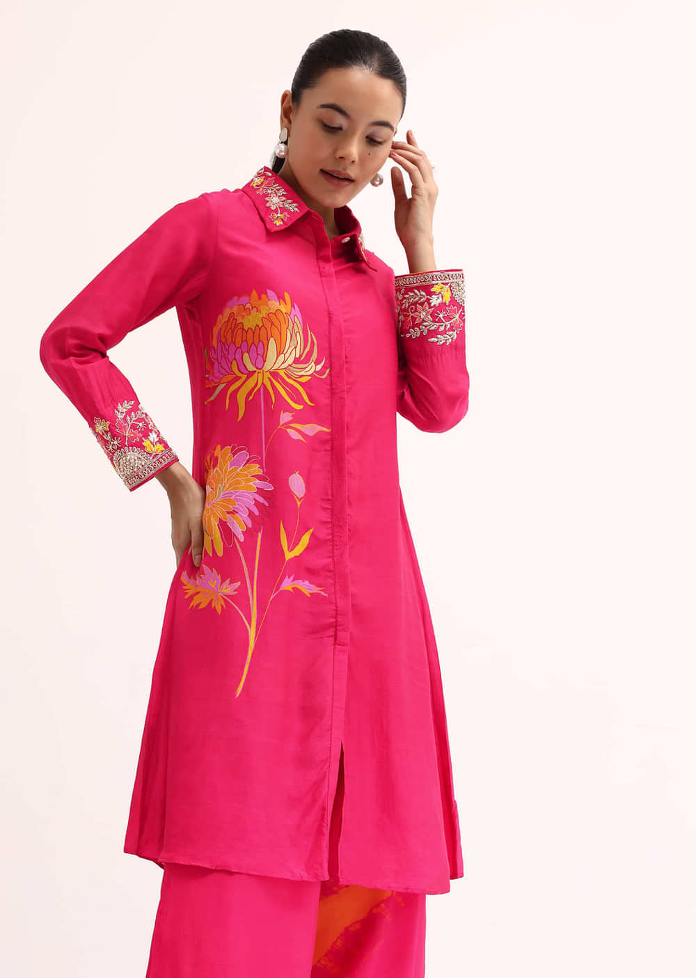 Dark Pink Printed Tussar Crop Top And Palazzo Set