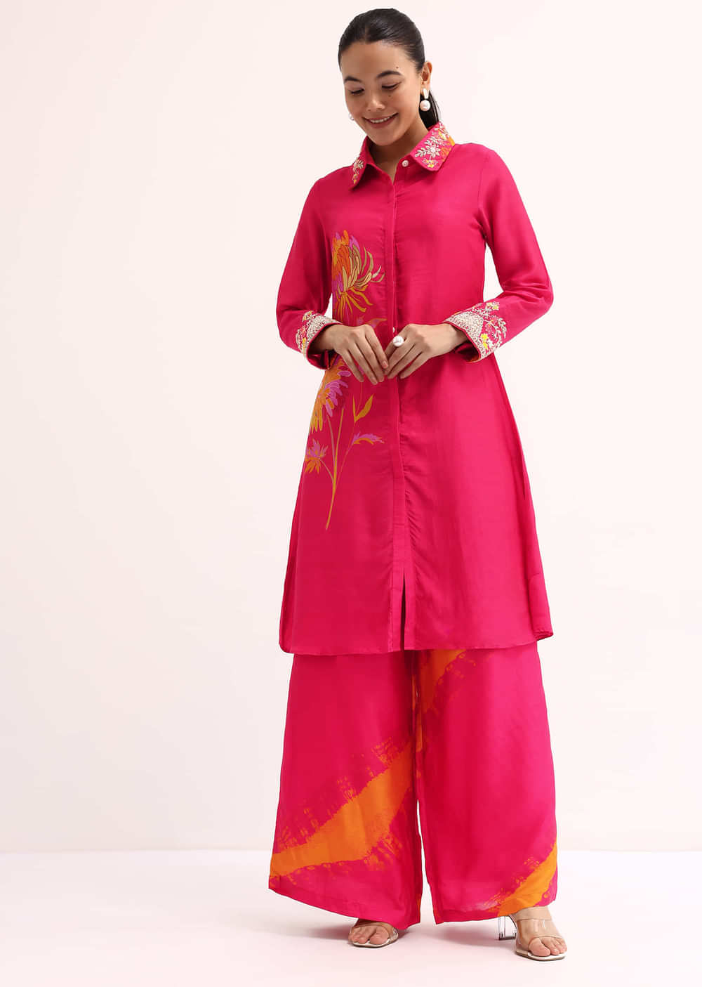 Dark Pink Printed Tussar Crop Top And Palazzo Set