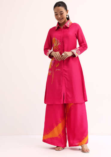 Dark Pink Printed Tussar Crop Top And Palazzo Set