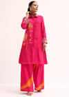 Dark Pink Printed Tussar Crop Top And Palazzo Set
