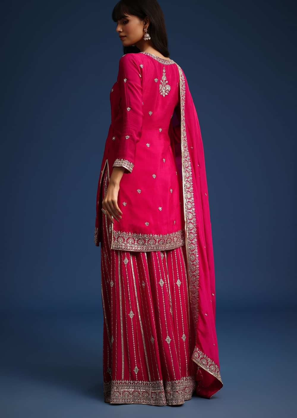 Dark Pink Sequin Embellished Kurta Palazzo Set In Chinon