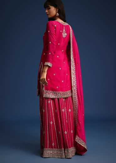 Dark Pink Sequin Embellished Kurta Palazzo Set In Chinon