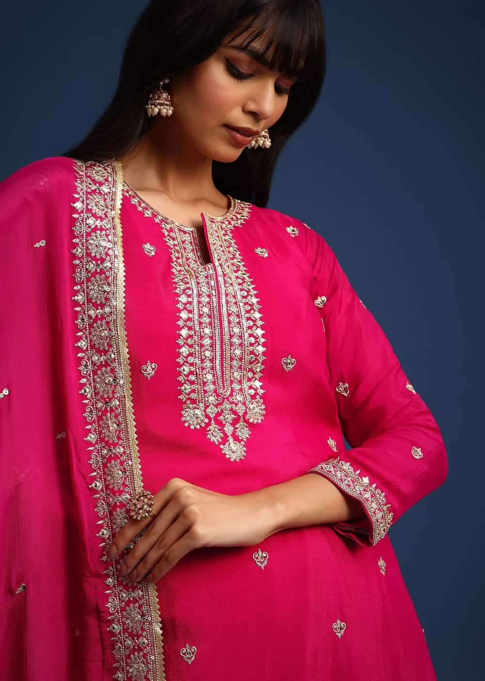 Dark Pink Sequin Embellished Kurta Palazzo Set In Chinon