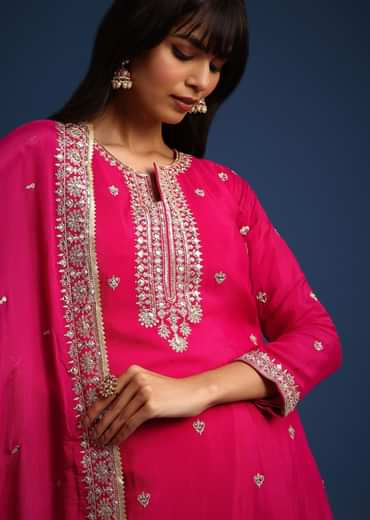 Dark Pink Sequin Embellished Kurta Palazzo Set In Chinon