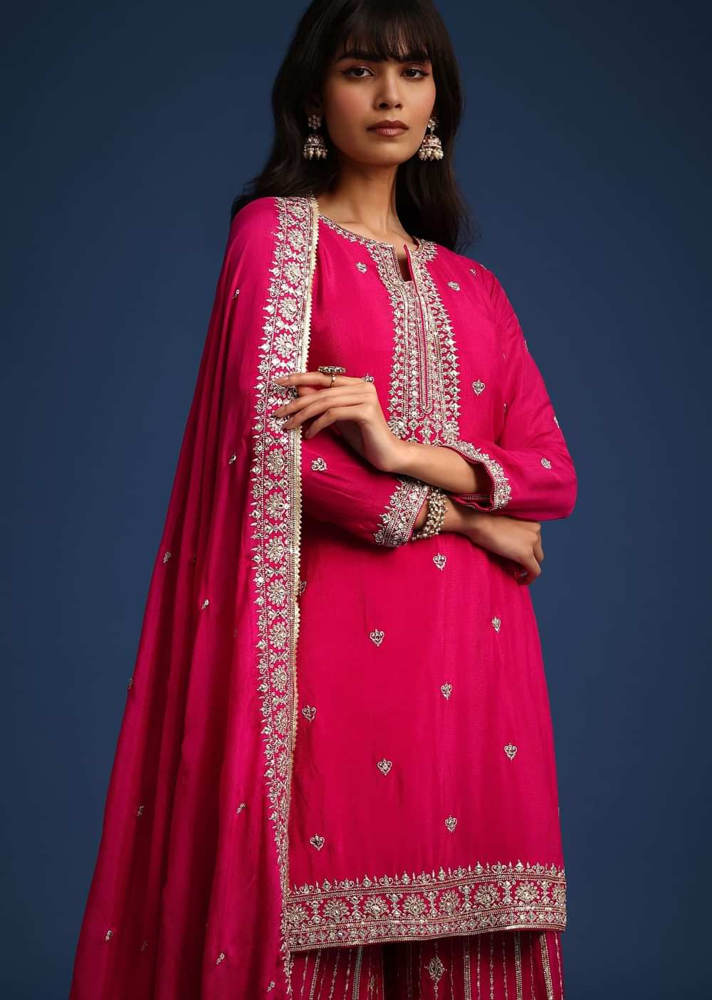 Dark Pink Sequin Embellished Kurta Palazzo Set In Chinon