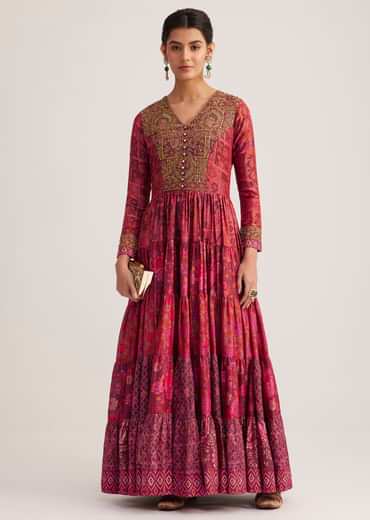 Dark Pink Silk Kurti With Indie Print