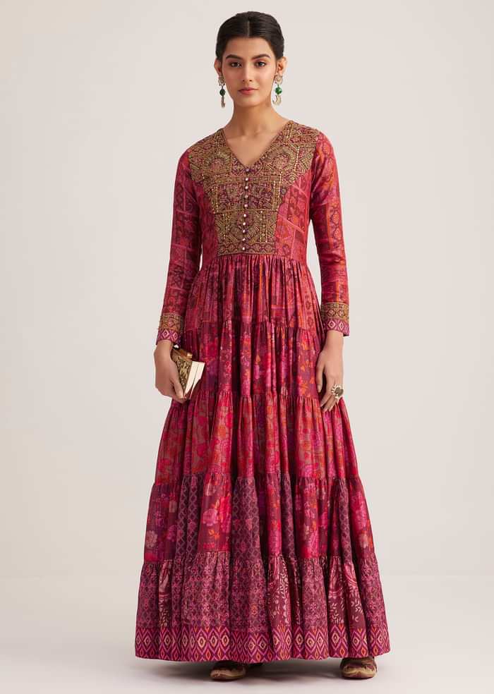 Dark Pink Silk Kurti With Indie Print
