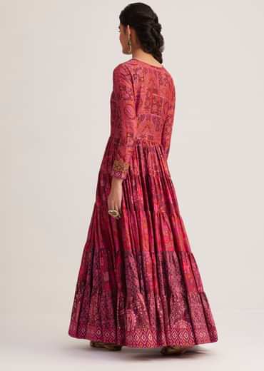 Dark Pink Silk Kurta With Indie Print