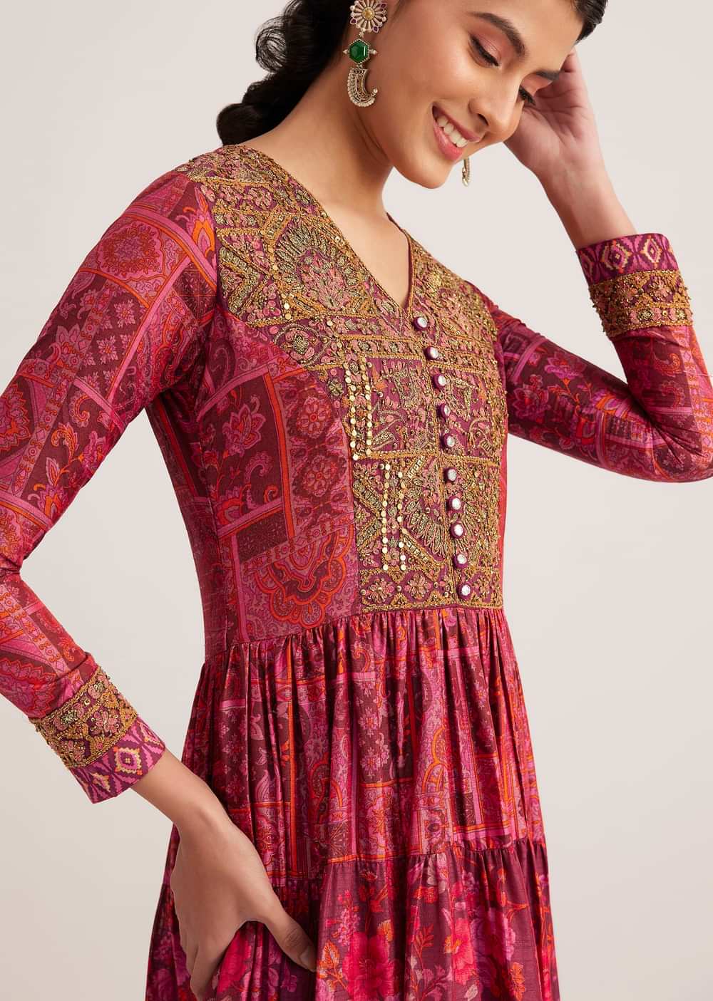 Dark Pink Silk Kurta With Indie Print