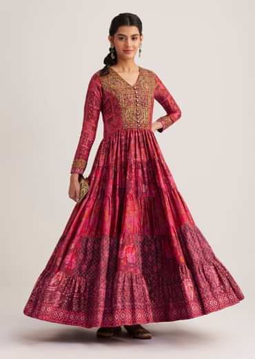 Dark Pink Silk Kurti With Indie Print