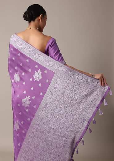 Dark Purple Dola Silk Saree With Silver Weave And Unstitched Blouse Piece