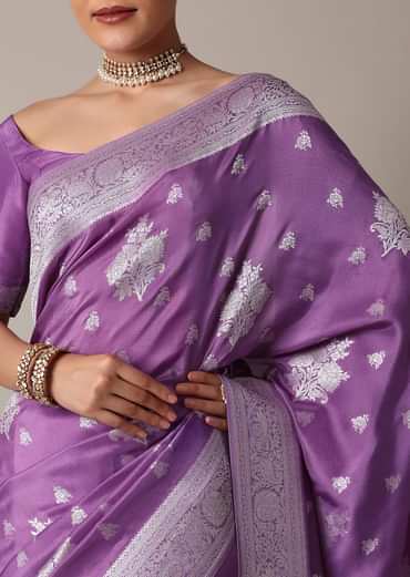 Dark Purple Dola Silk Saree With Silver Weave And Unstitched Blouse Piece
