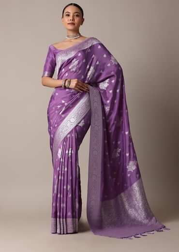 Dark Purple Dola Silk Saree With Silver Weave And Unstitched Blouse Piece