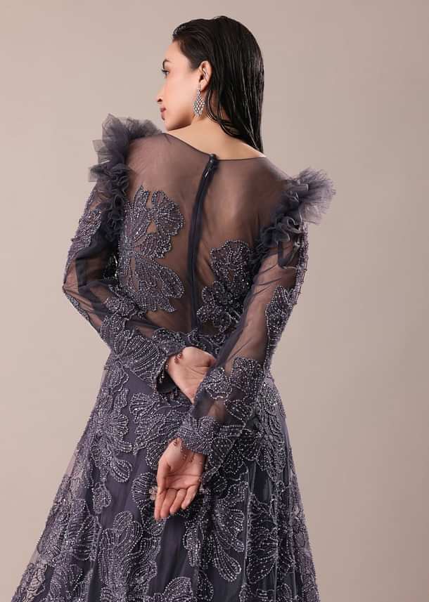 Dark Purple Embroidered Fancy Ruffle Gown Kalki