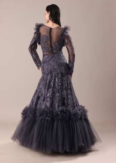 Dark Purple Embroidered Fancy Ruffle Gown Kalki