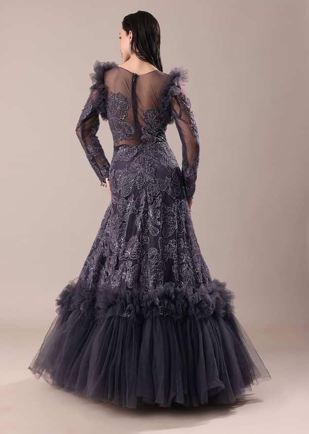 Dark Purple Embroidered Fancy Ruffle Gown Kalki