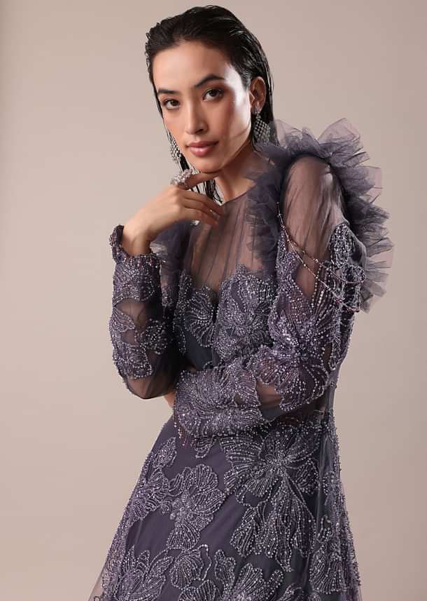 Dark Purple Embroidered Fancy Ruffle Gown Kalki