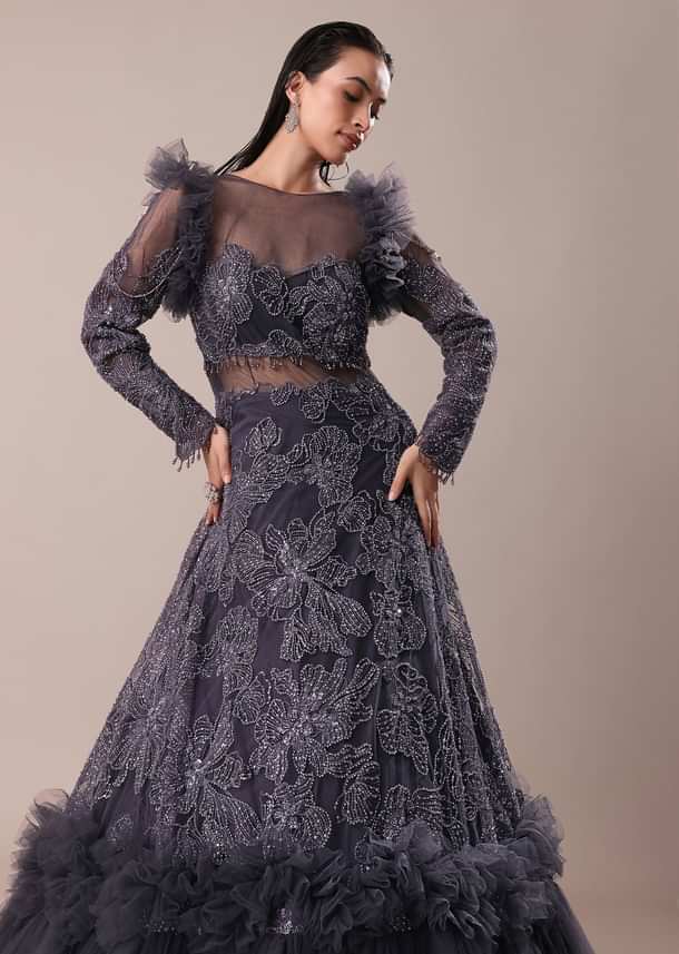 Dark Purple Embroidered Fancy Ruffle Gown Kalki