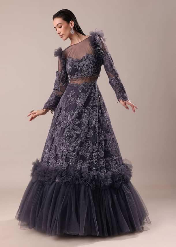 Dark Purple Embroidered Fancy Ruffle Gown Kalki