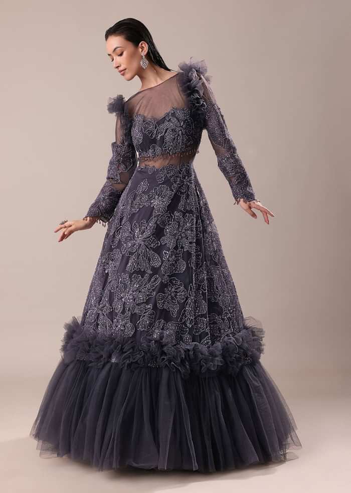Dark Purple Embroidered Fancy Ruffle Gown Kalki