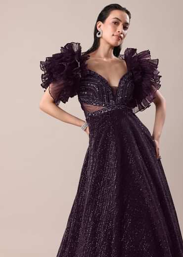 Dark Purple Hand Embroidered Ruffle Sleeve Gown
