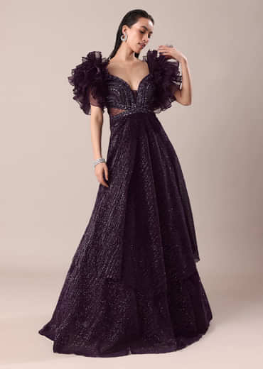 Dark Purple Hand Embroidered Ruffle Sleeve Gown