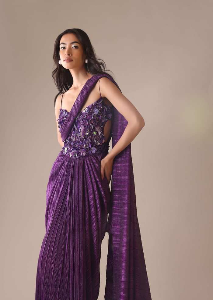Dark Purple Heavy Embroidered Saree In Crushed Shimmer