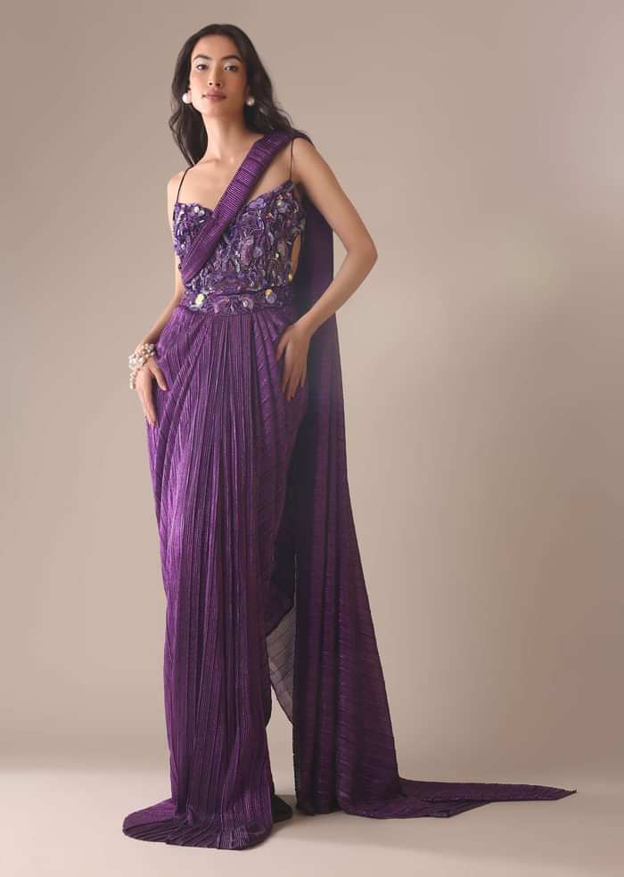 Dark Purple Heavy Embroidered Saree In Crushed Shimmer