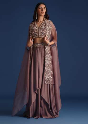 Dark Purple Jacket With Sequin Crop Top And Skirt