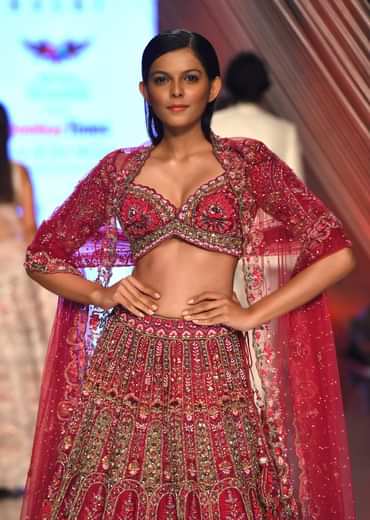 Dark Red Lehenga With A Crop Top In Royal Heritage Embroidery, Crop Top Comes In Scalloped Neckline