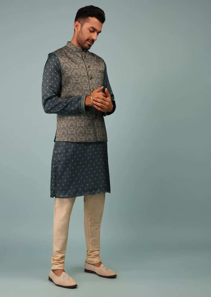 Charcoal Grey Bandi Jacket Set In Linen With Floral Print