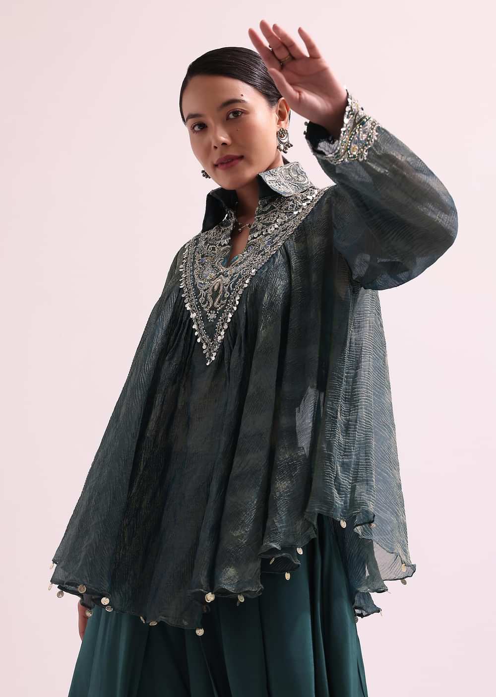Teal Green Croptop And Dhoti With Embroidered Cape