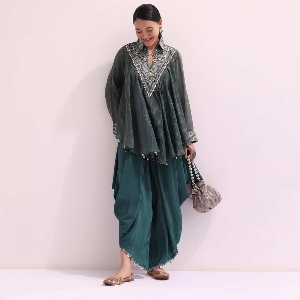 Teal Green Croptop And Dhoti With Embroidered Cape