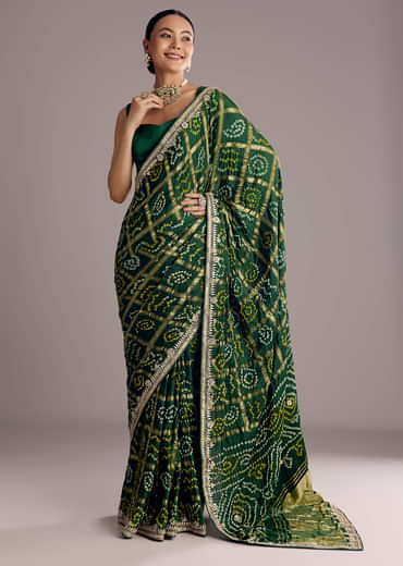Deep Green Satin Bandhani Saree With Gota Work