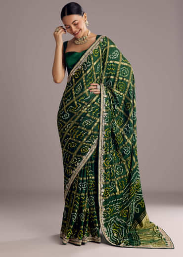 Deep Green Satin Bandhani Saree With Gota Work