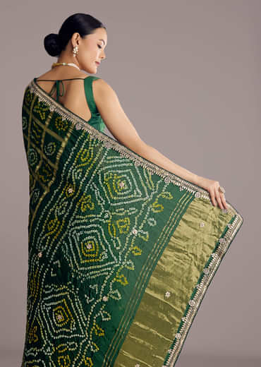 Deep Green Satin Bandhani Saree With Gota Work