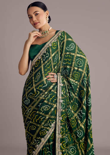 Deep Green Satin Bandhani Saree With Gota Work