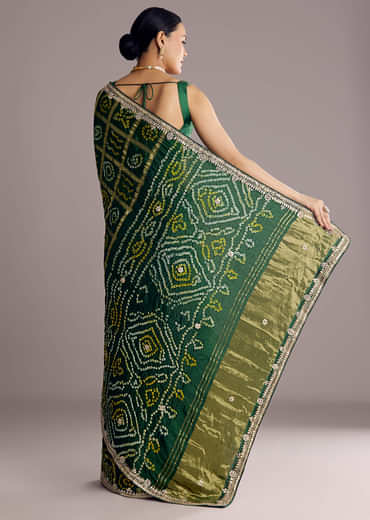 Deep Green Satin Bandhani Saree With Gota Work