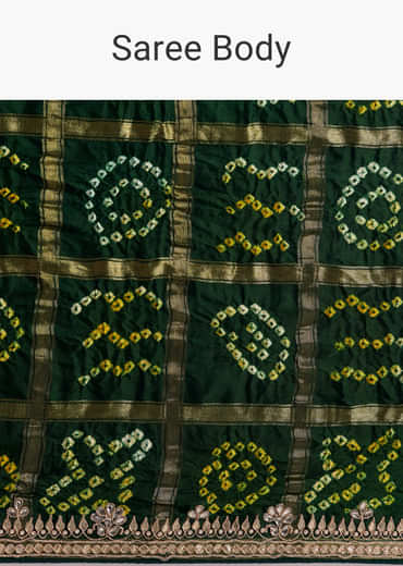 Deep Green Satin Bandhani Saree With Gota Work