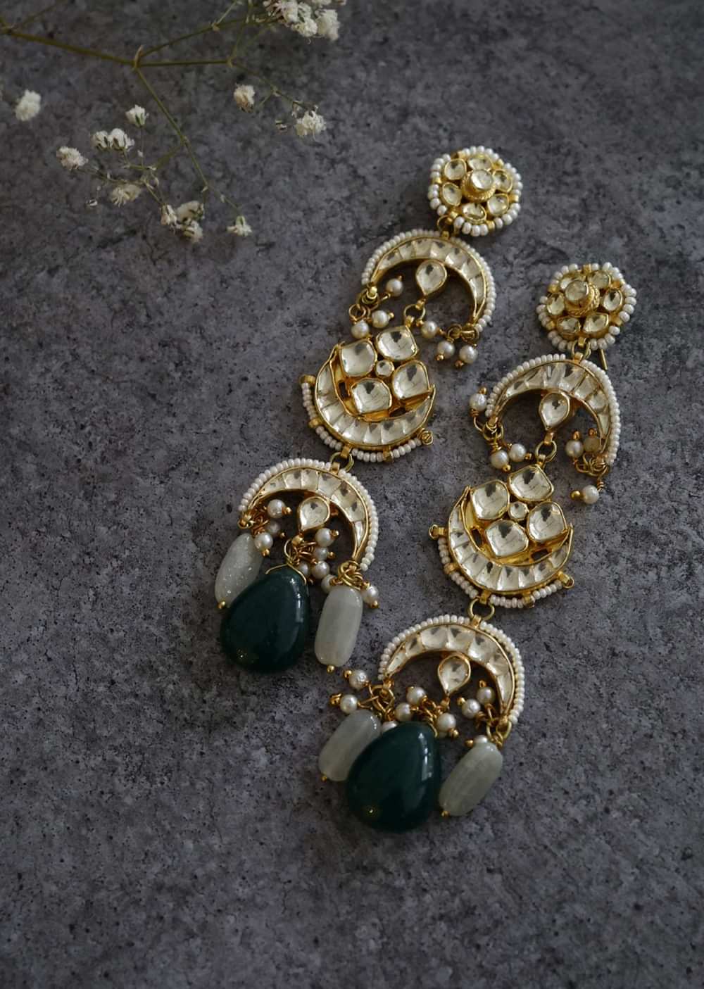 Deep and Mint Green Gold Plated Kundan Earrings In Silver Alloy