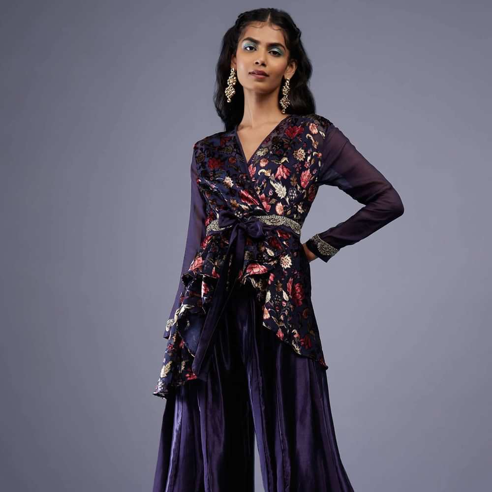 Navy Blue Floral Wrap Top With Embroidered Belt And Gajji Silk Flared Palazzo