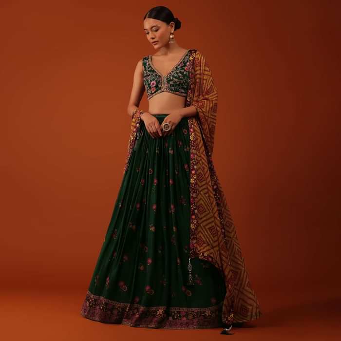 Deep Green Embroidered Lehenga And Blouse Set In Satin