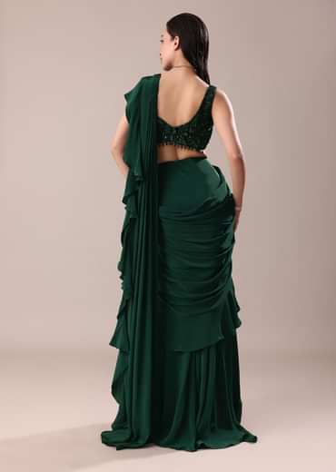 Deep Green Frill Saree With Blouse