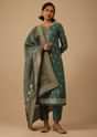 Deep Green Pant Suit Set In Silk With Brocade