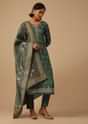 Deep Green Pant Suit Set In Silk With Brocade