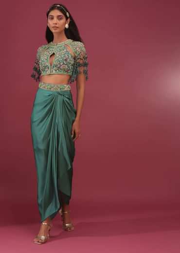 Sea Green Dhoti Crop Top Set In Satin Organza With Embroidery - NOOR 2022