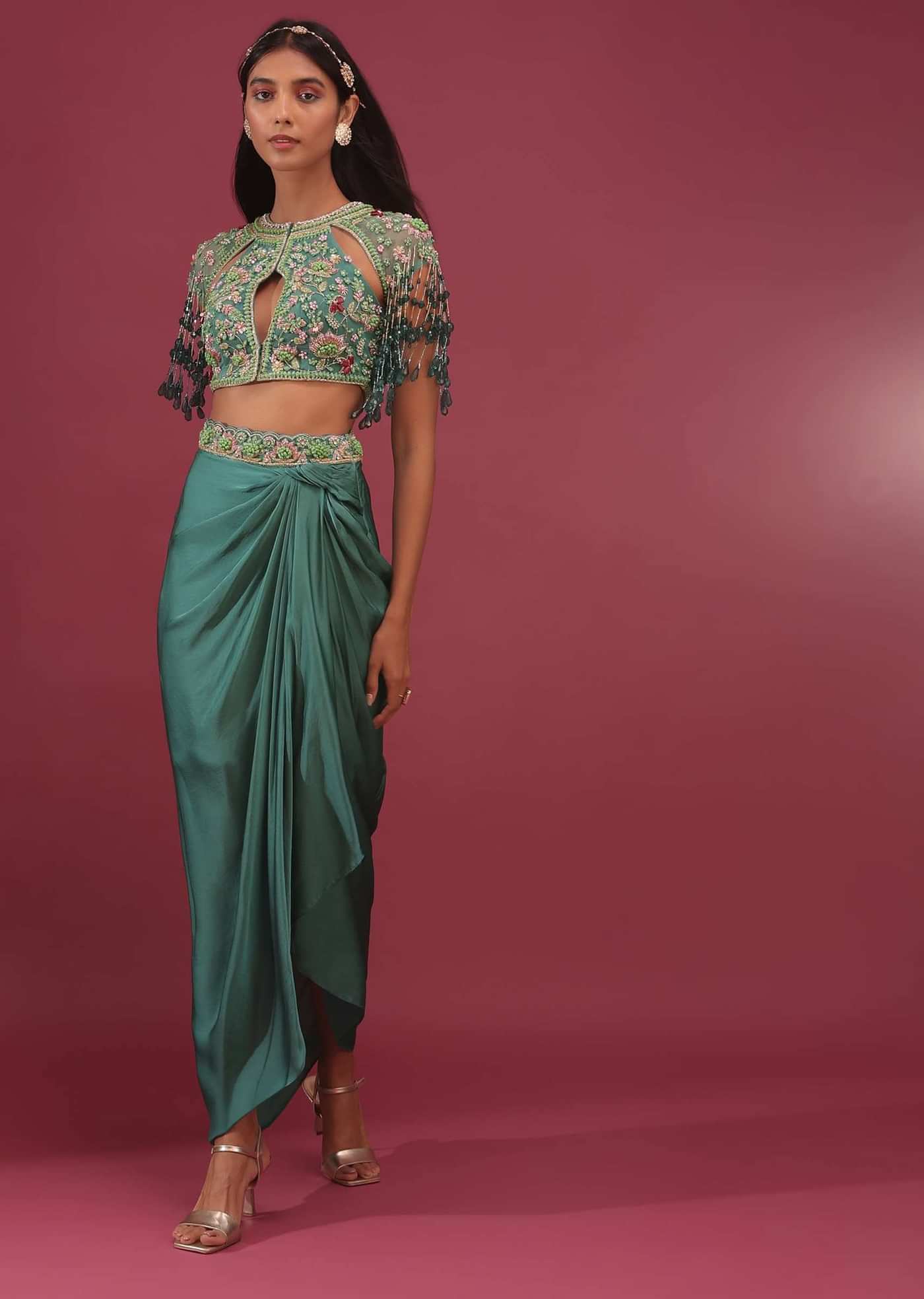 Sea Green Dhoti Crop Top Set In Satin Organza With Embroidery - NOOR 2022
