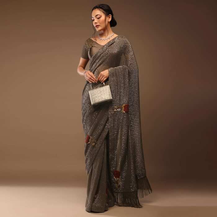 Deep Mahogany Brown Saree With Multi-Colored Sequins Floral Motifs Embroidery