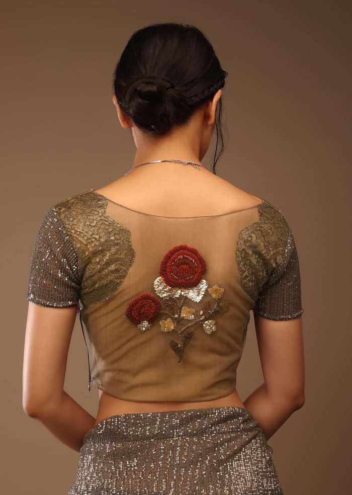 Deep Mahogany Brown Saree With Multi-Colored Sequins Floral Motifs Embroidery